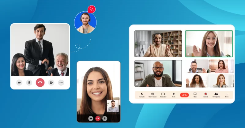 Types Of Video Communication User-friendly video communication software interface for business, showcasing video feeds, chat, and screen sharing features