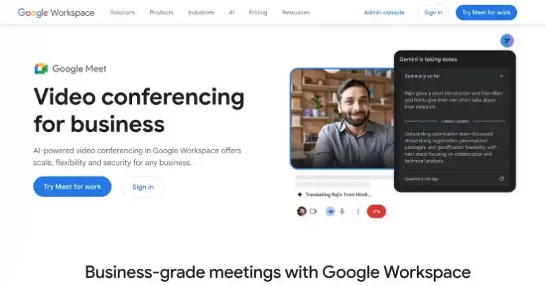 Google Meet video conferencing interface showing embedded video call API for website and app integration