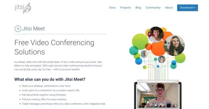 Jitsi video conferencing interface showing open source video call API for embedding and integration
