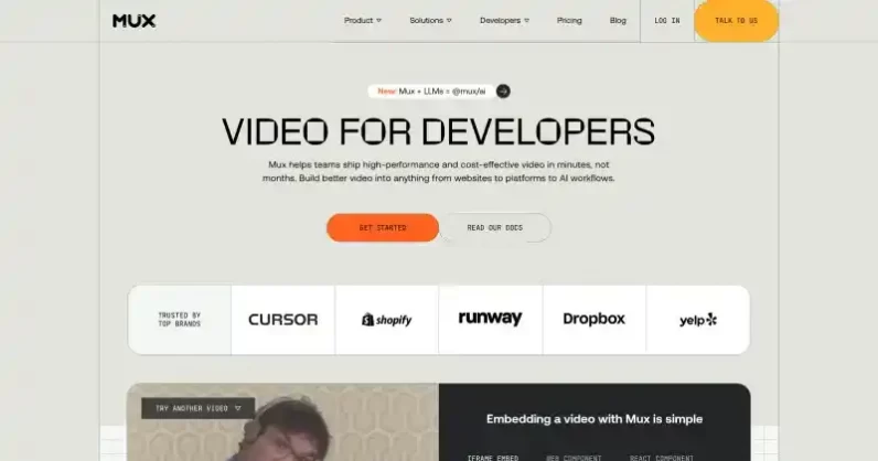 Mux video platform interface showing video streaming API for embedding and integration