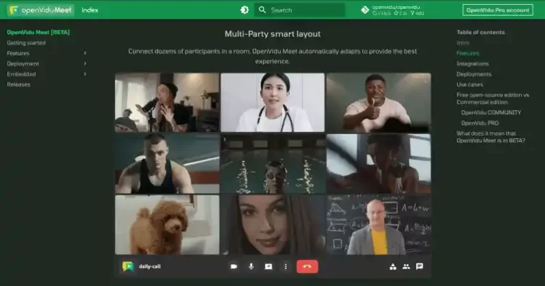 OpenVidu video conferencing interface showing open source video call API for embedding and integration