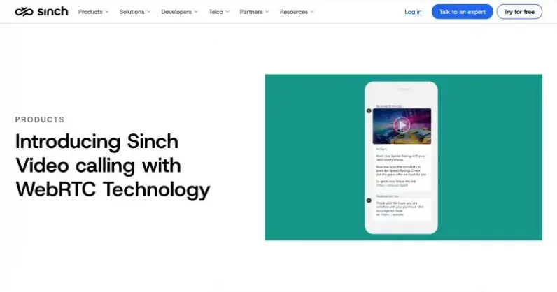 Sinch video calling interface showing WebRTC video call API for mobile app and website integration