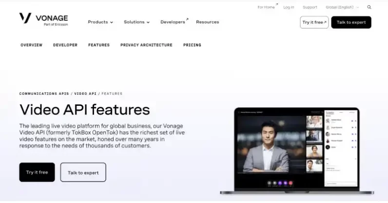 Vonage video API interface showing video call and communication API for website and app integration