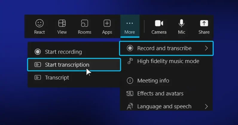 Video Call Recording and Transcription Video call interface showing recording and transcription features in a meeting