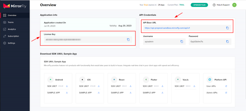 MirrorFly License key setup page