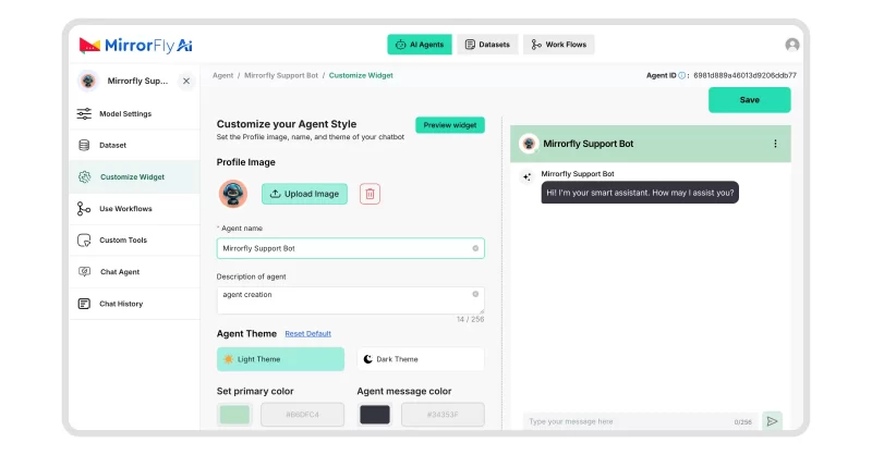 Chatbot interface customization in MirrorFly dashboard