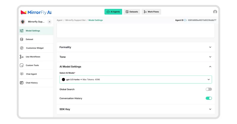 Configuring LLM model settings in MirrorFly AI agent dashboard