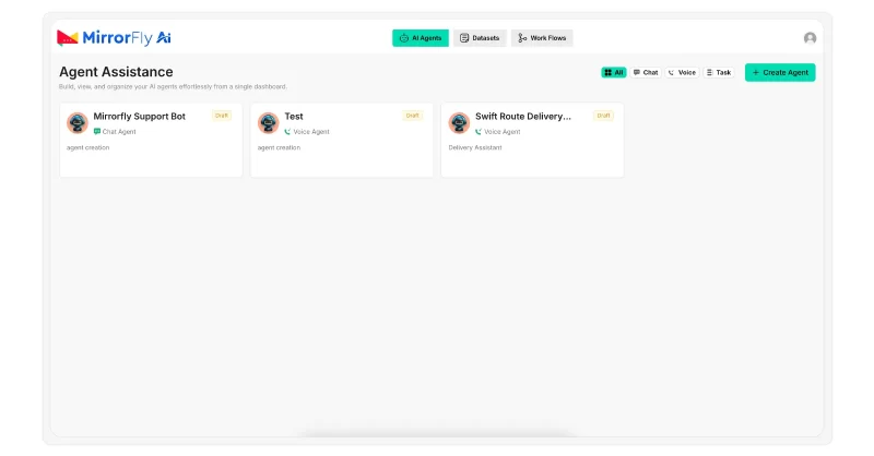 MirrorFly AI dashboard with Create Agent button to start a chatbot project.