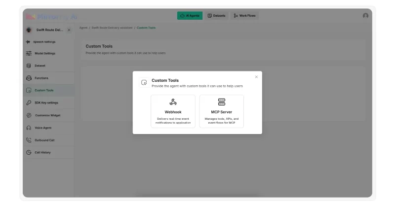 MirrorFly Custom Tools page with Webhook option to connect external APIs to the chatbot.