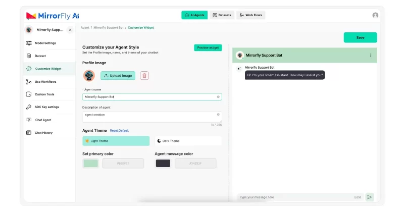 MirrorFly Customize Widget page showing chatbot profile, theme, and color settings for UI customization.