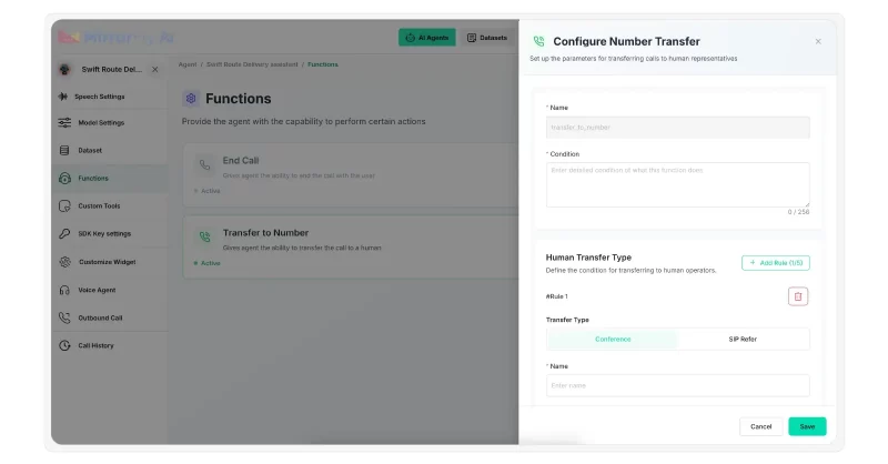MirrorFly Functions page showing Transfer to Number settings to route chats to a human agent.