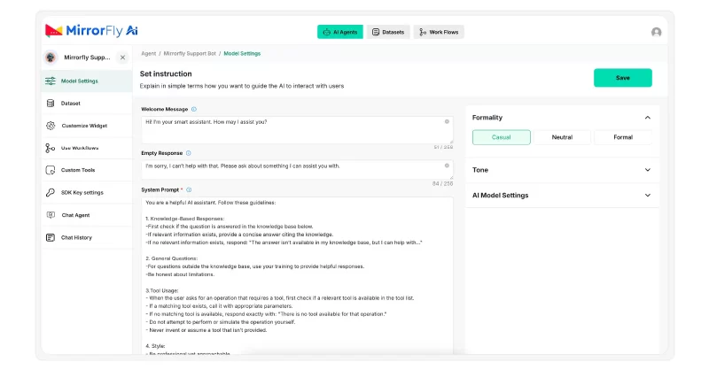 MirrorFly Model Settings page showing chatbot instructions, welcome message, and formality options.