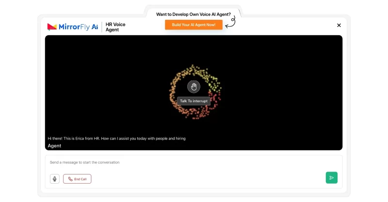MirrorFly voice agent test window showing chatbot listening screen with message input and call controls.