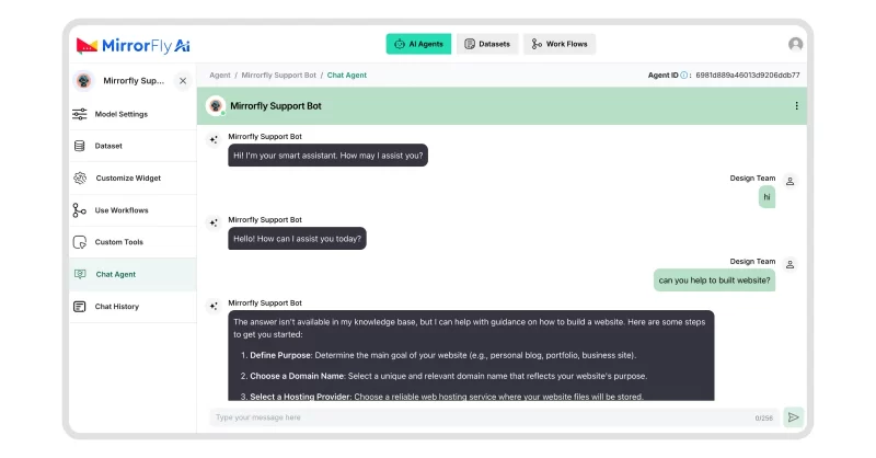 MirrorFly chatbot conversation testing screen