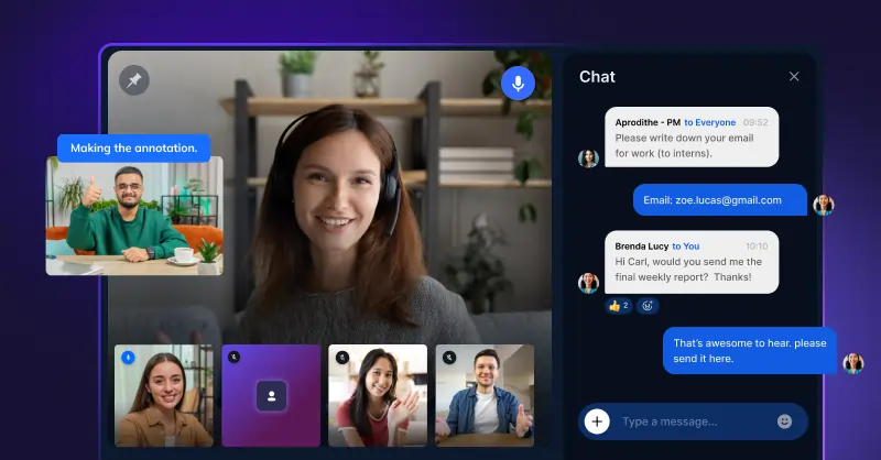 Real-time collaboration in video calls with team chat, annotations, and interactive communication tools