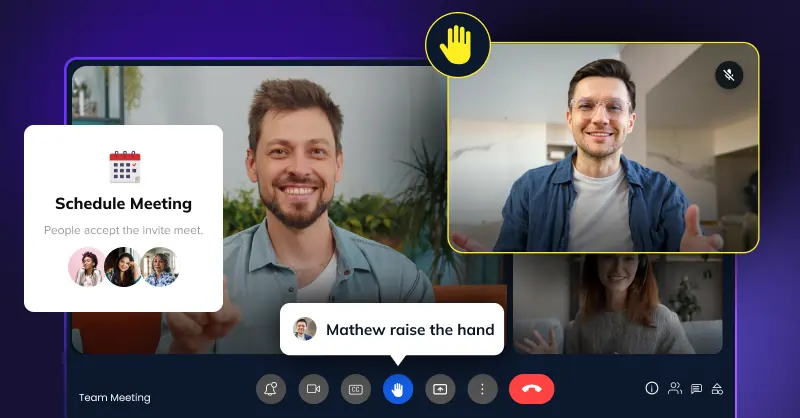 Video call meeting management features including raise hand, meeting scheduling, and participant controls
