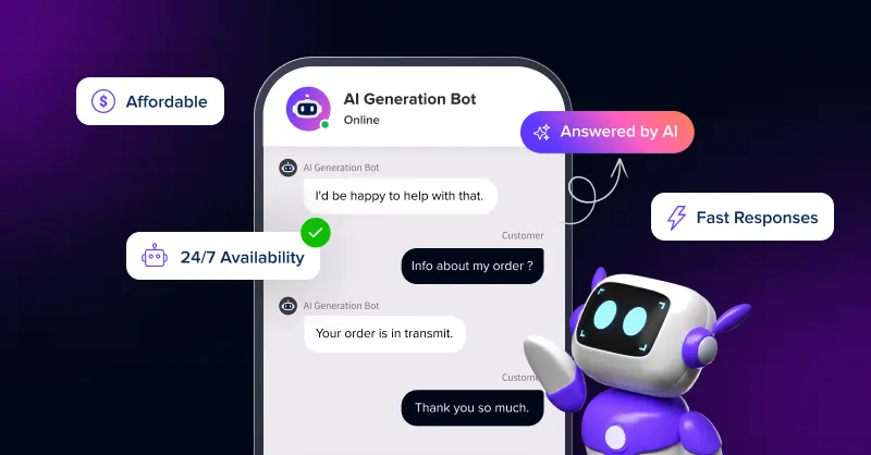 Illustration of a chatbot providing instant customer support with fast responses, 24/7 availability, and automated conversations through a messaging interface. Chatbot for Customer Support